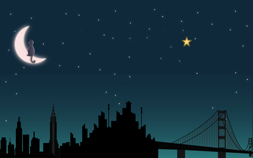 猫, 月, 夜空, 街, パソコン壁紙, 壁紙